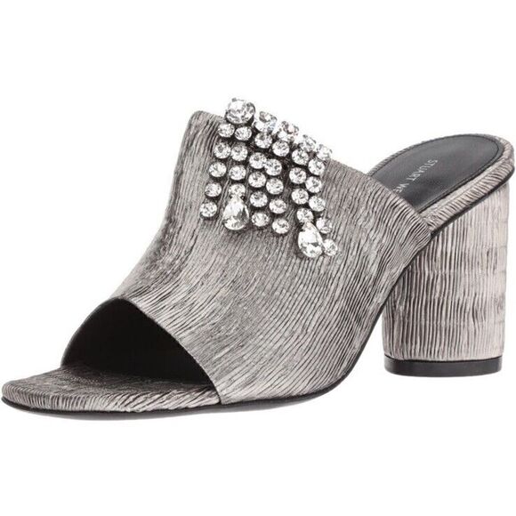 Stuart Weitzman Theone Argento Silver Pleated Lurex Block Heel Slides sz 7 m - Picture 2 of 12